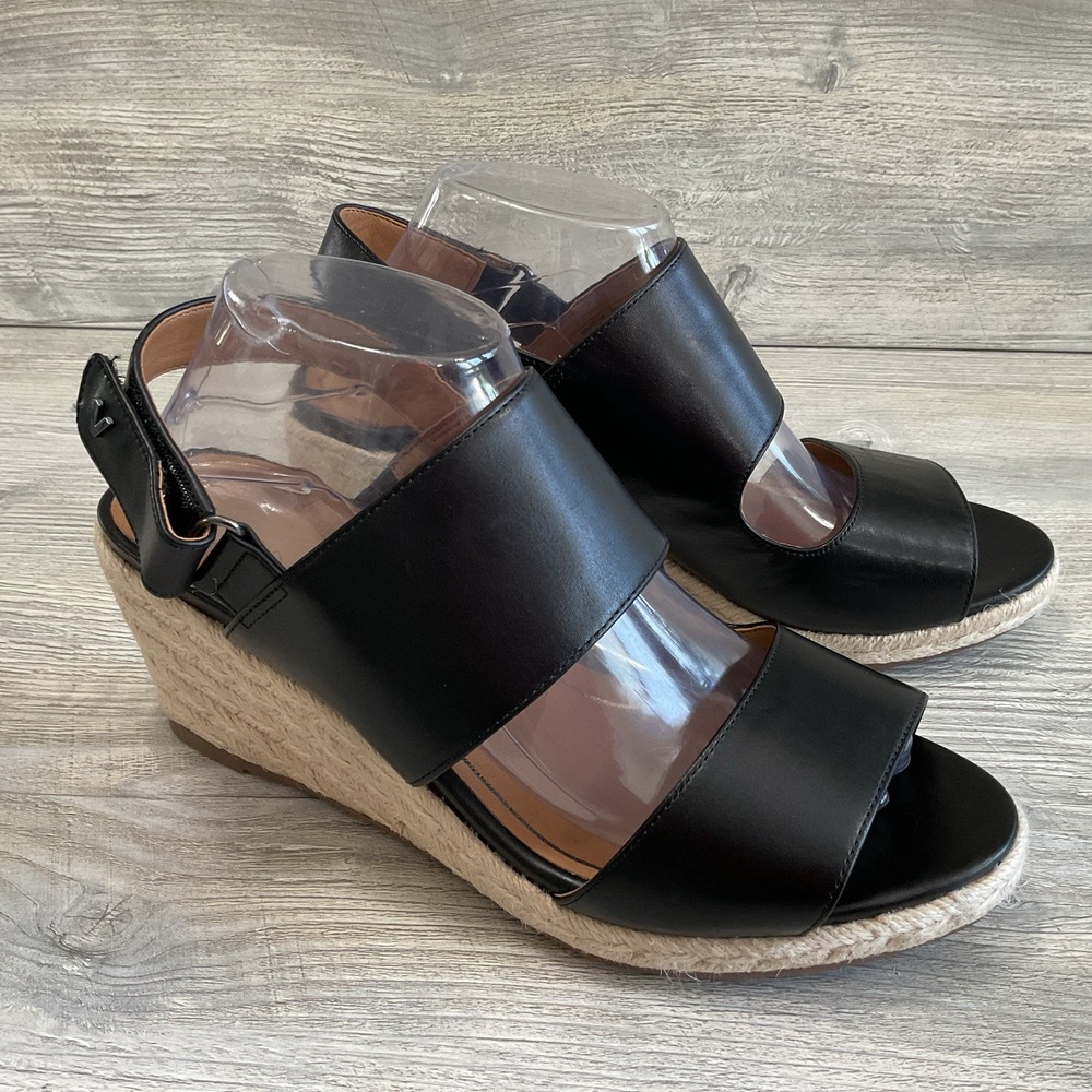 Vionic Brooke Black Leather Espadrille Wedge Beautiful Sandals Women's Size 10 M